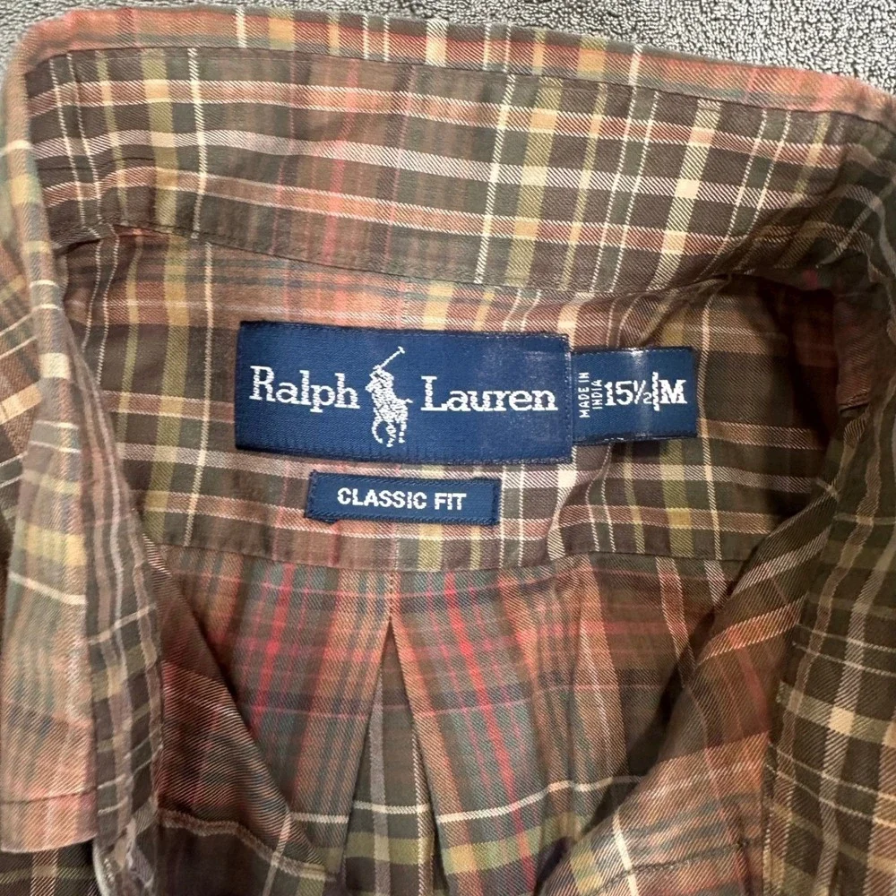 Polo Ralph Lauren Mens Classic Fit Plaid Button Down Shirt Brown Olive Medium